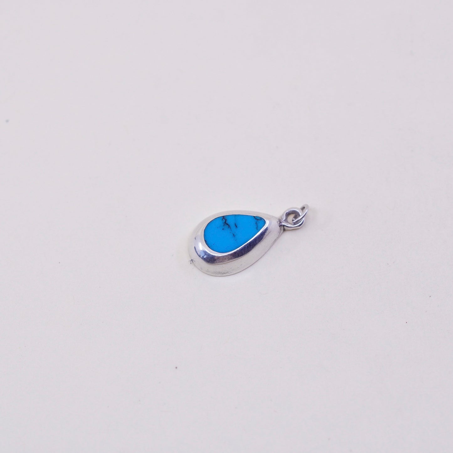 Vintage Sterling silver handmade pendant, 925 teardrop charm with turquoise
