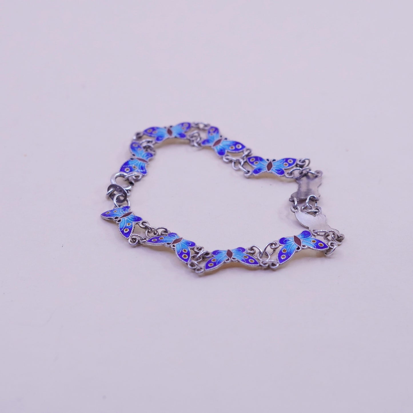 7.75” mexico handmade sterling 925 silver tennis bracelet blue enamel butterfly