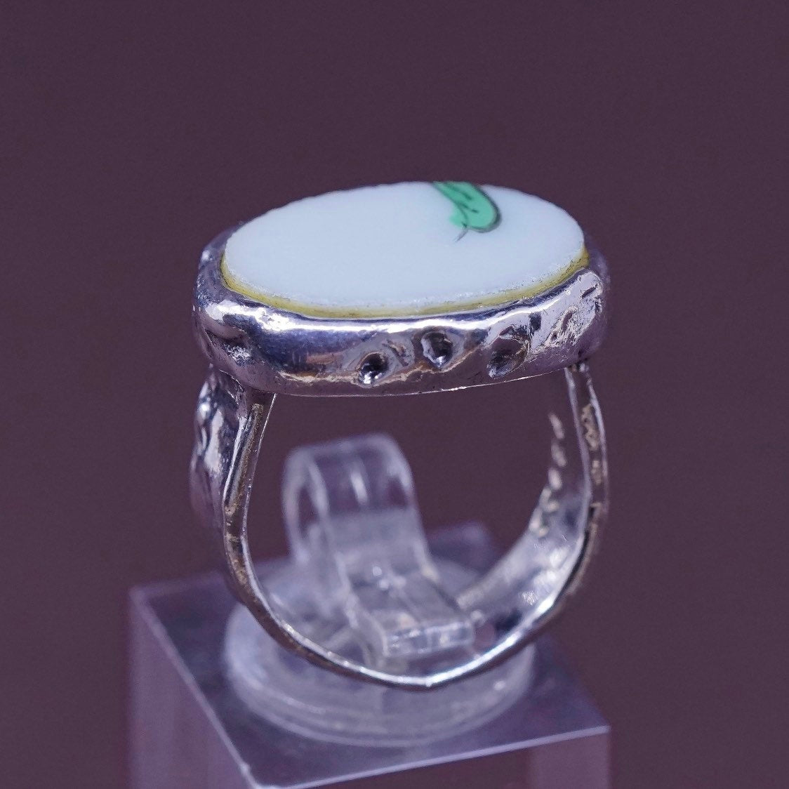 sz 7, PB Sterling silver handmade ring, Mexican 925 wide band w/ China pottery