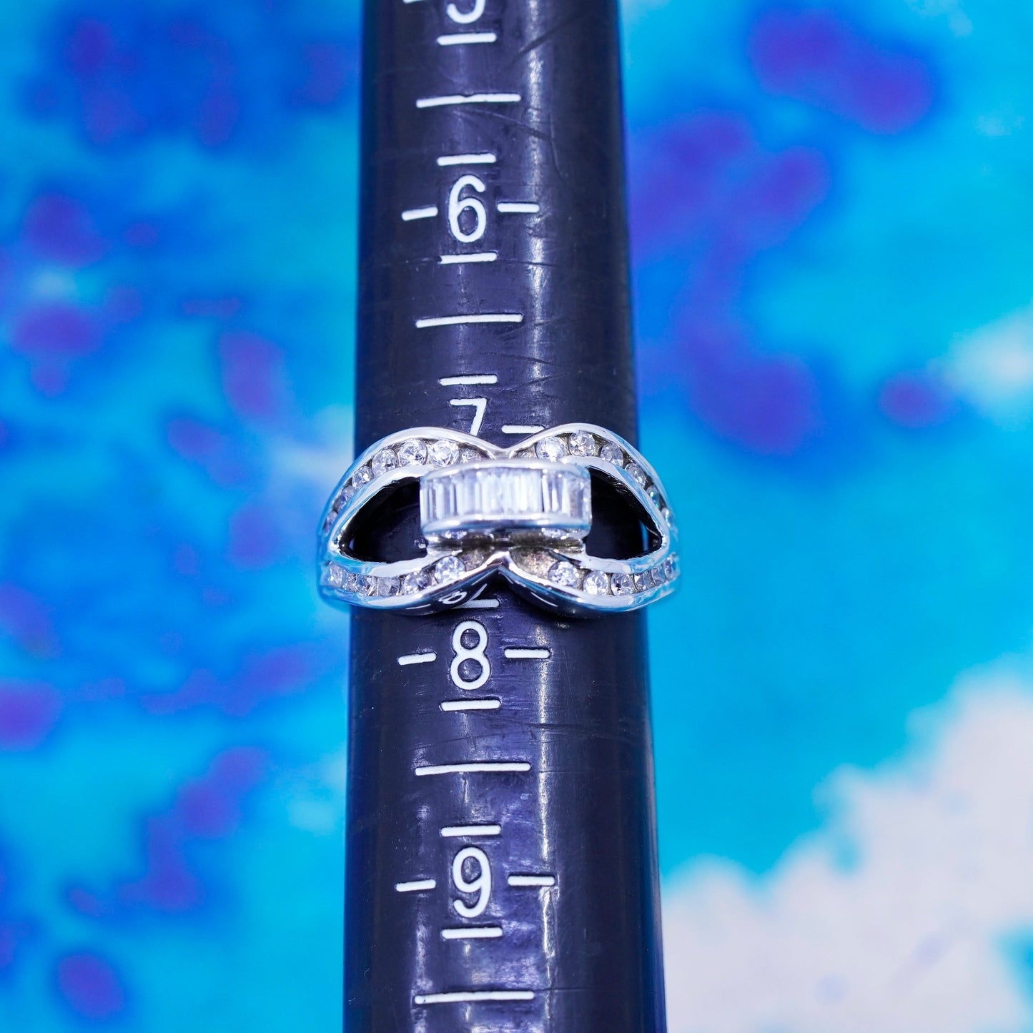 Size 7.25, vintage Sterling 925 silver engagement ring with cluster Cz around