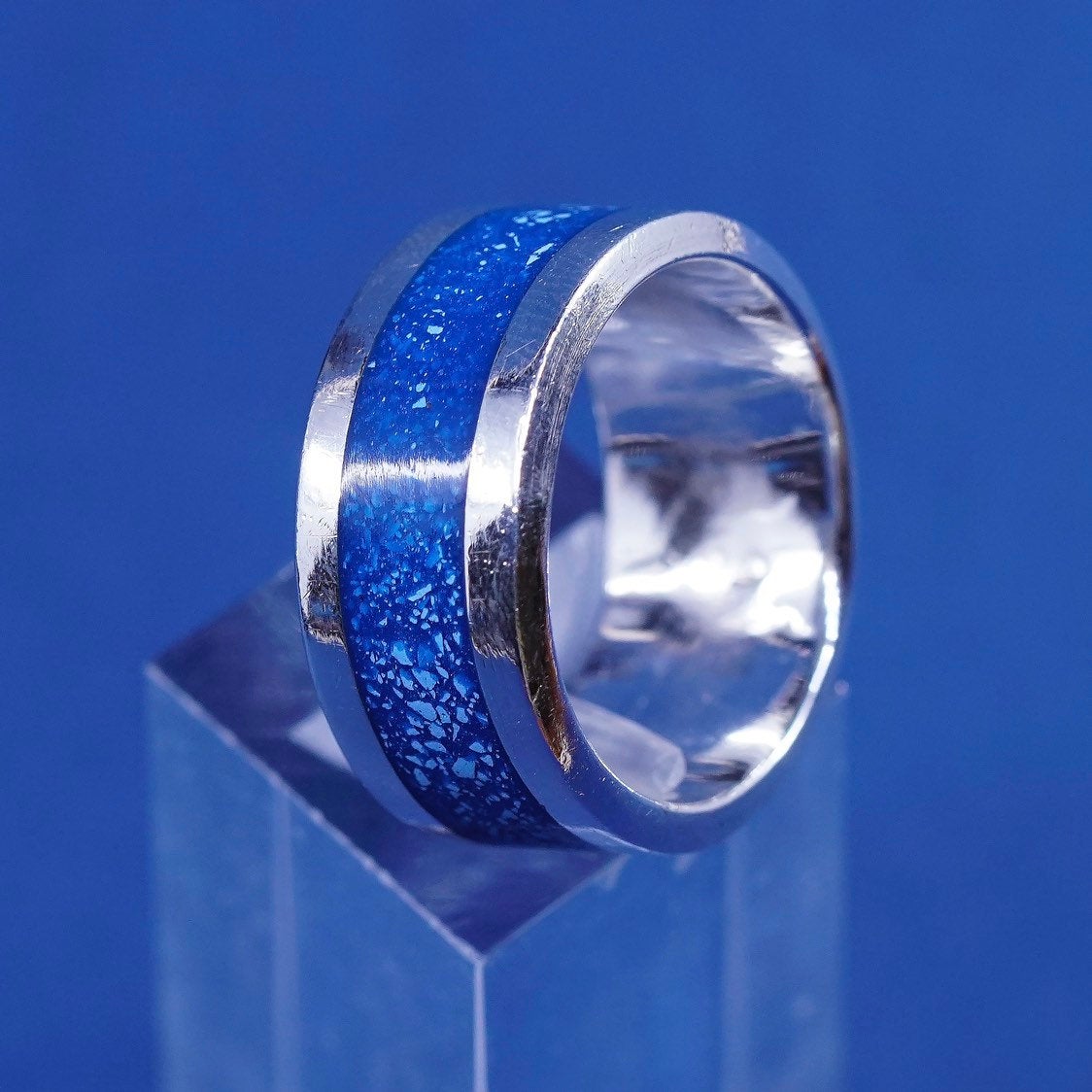 sz 9, vtg sterling silver handmade ring, 925 band w/ Lapis lazuli