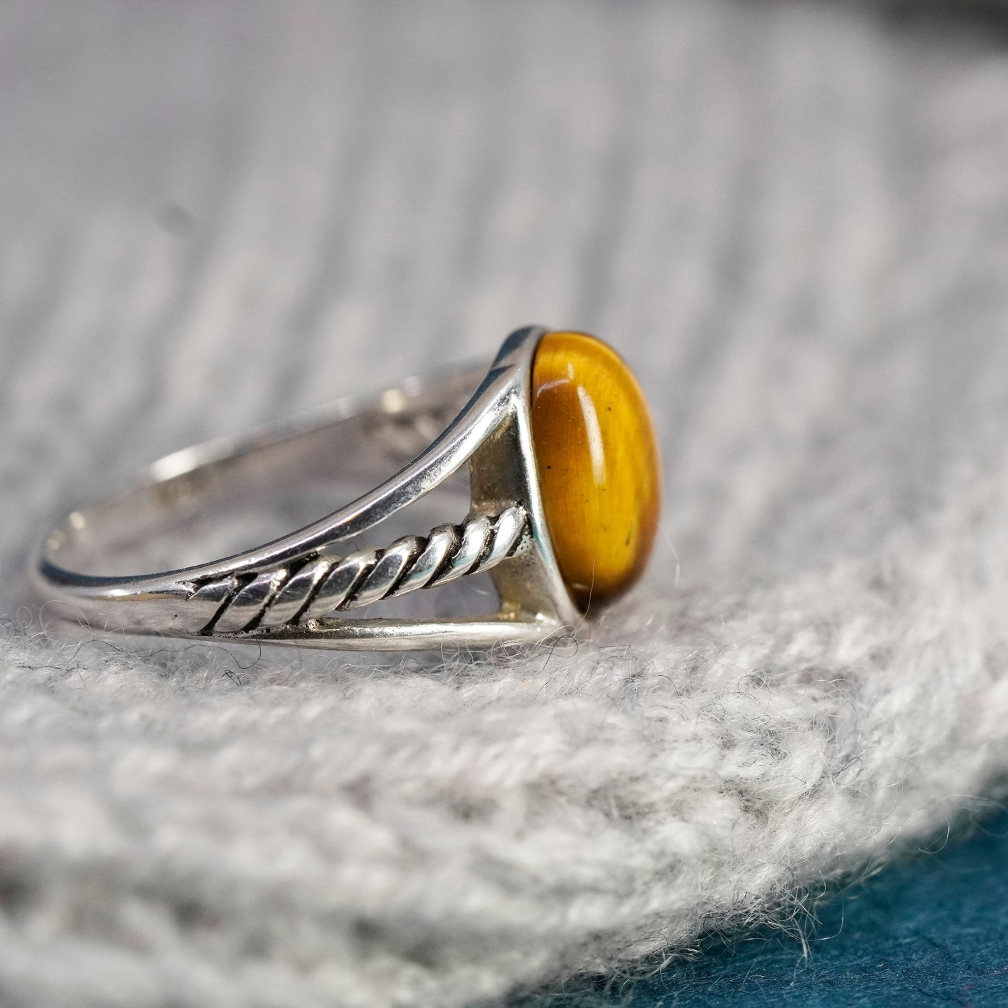 Size 7, vintage Sterling 925 silver handmade ring with golden tiger eye