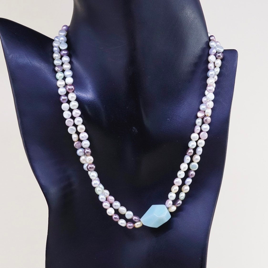 16”+1”, vtg Sterling 925 silver chain with pearl beads N nugget Larimar pendant