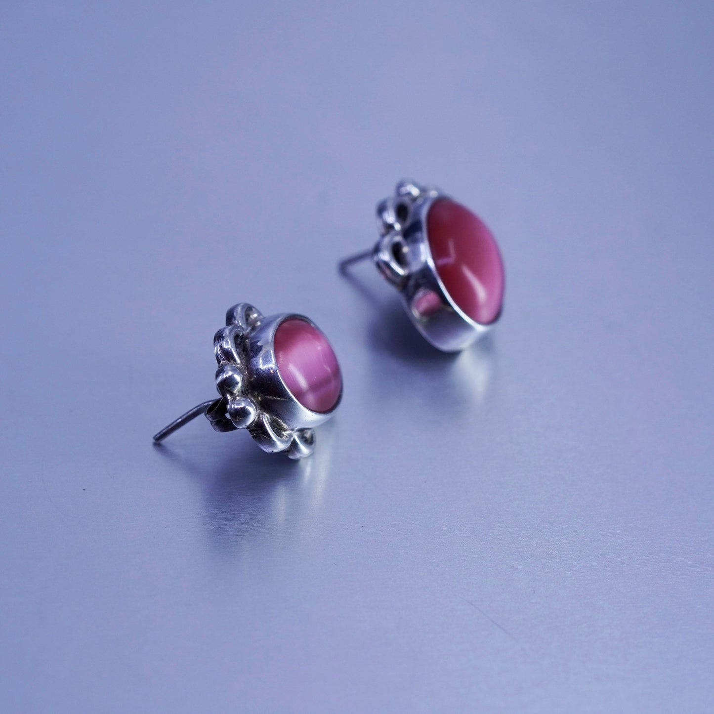 Vintage Mexico Sterling 925 silver earrings, studs with pink cat and beads