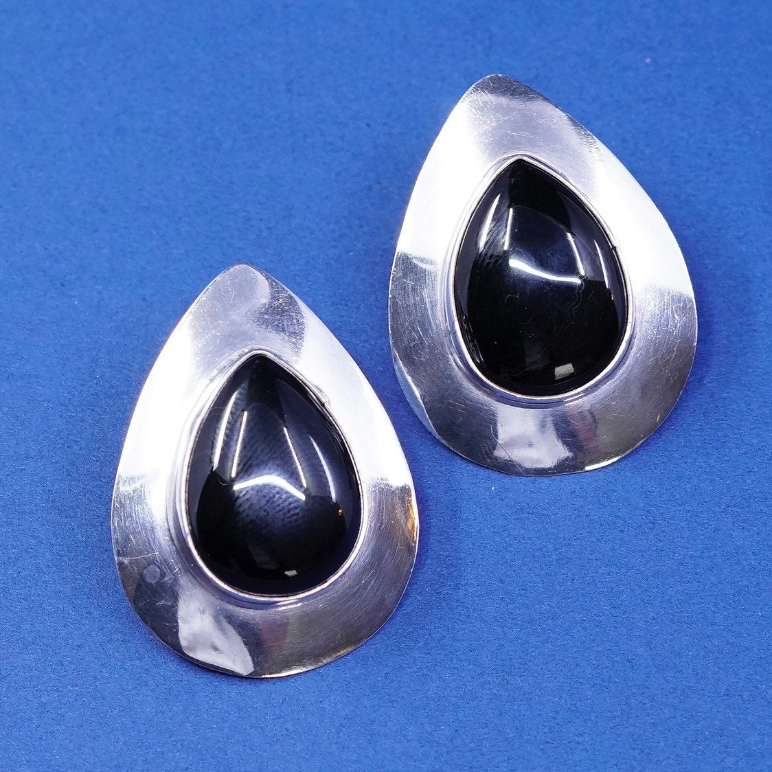 vtg Plata sterling 925 silver handmade earrings, mexico 925 studs w/ blue onyx