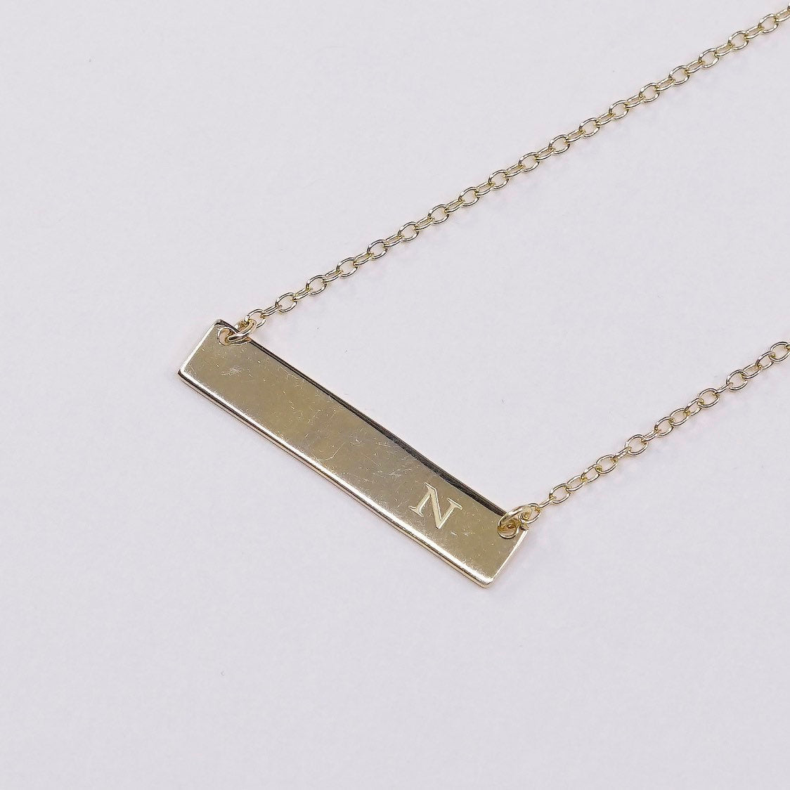 16+2", 1mm, vtg Vermeil gold sterling 925 silver chain w/ bar initial N pendant