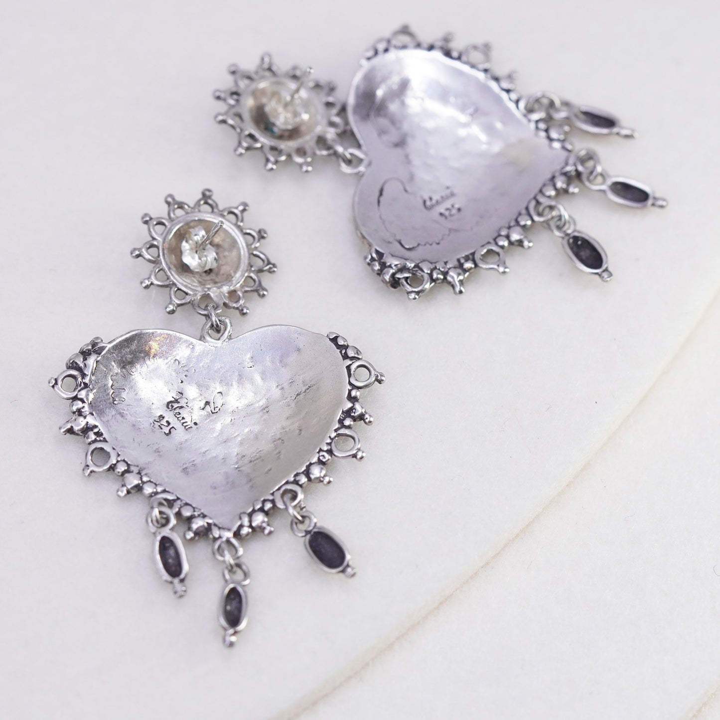 vtg GHEAUI Mexican Sterling 925 silver handmade textured heart earrings dangles