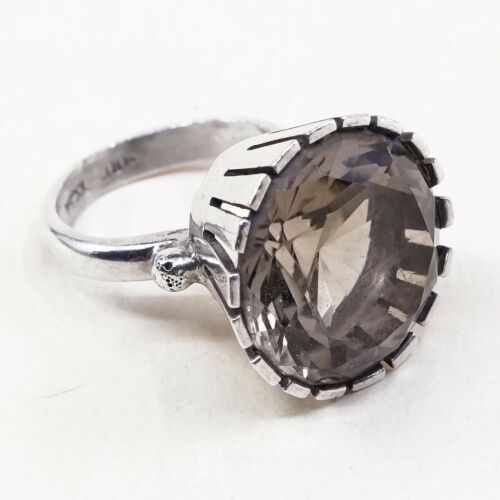 Sz 6, Vtg Modern Sterling Silver Cocktail Crown Ring, 925 W/ Cushion Cut topaz