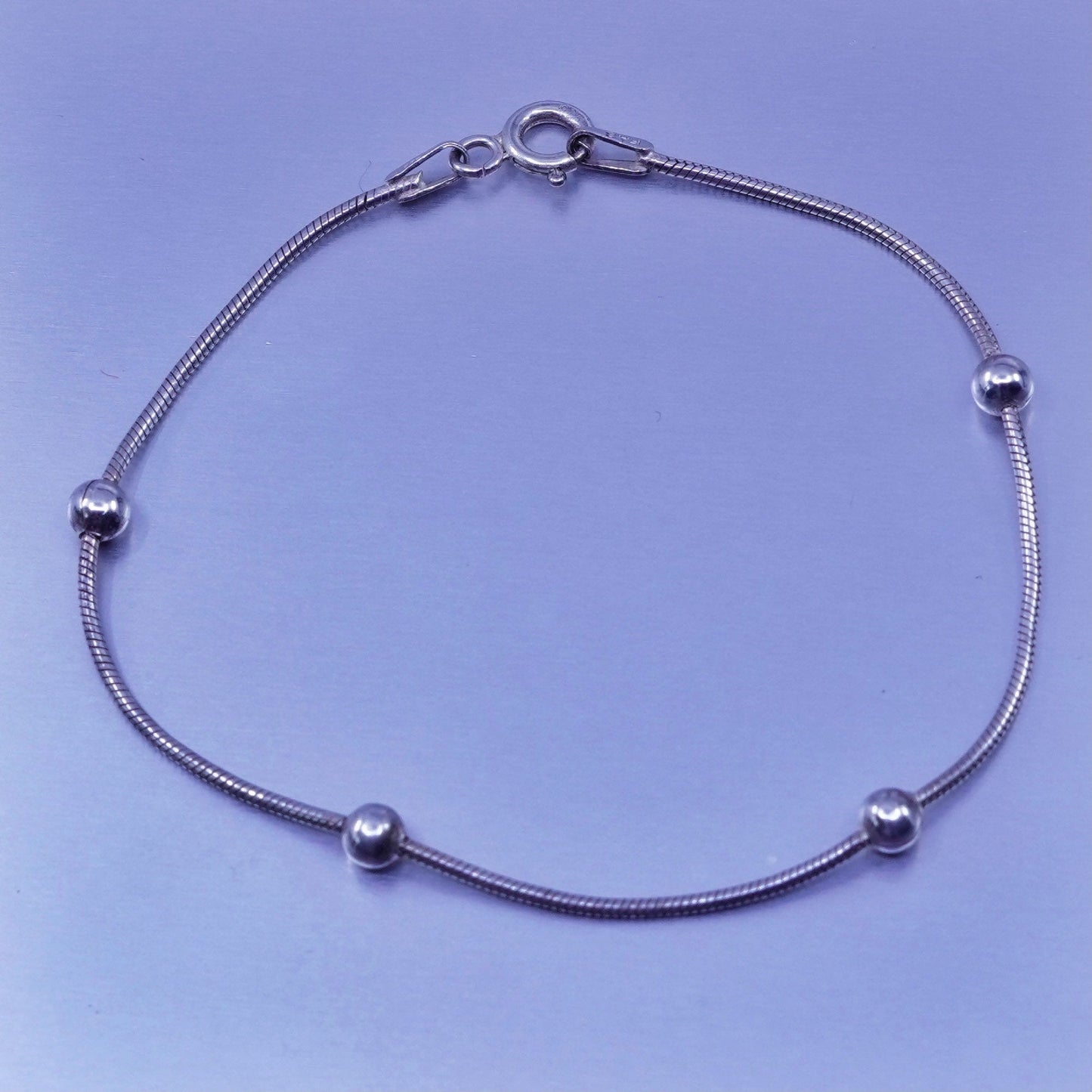 7”, 1mm, Sterling 925 silver handmade bracelet, snake chain with beads