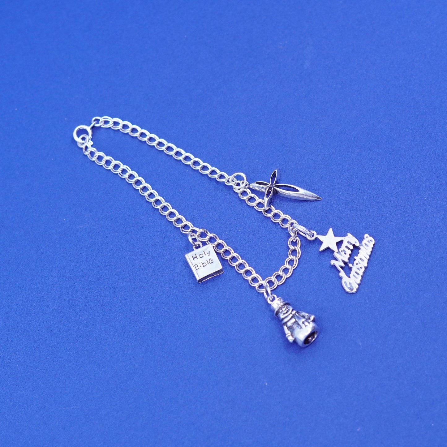 6.75”, vtg Sterling silver bracelet, 925 double curb chain snowman bible cross