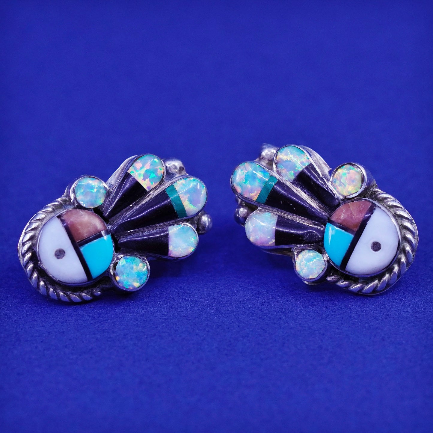 Vintage Native American sterling silver earrings, Zuni 925 studs opal turquoise