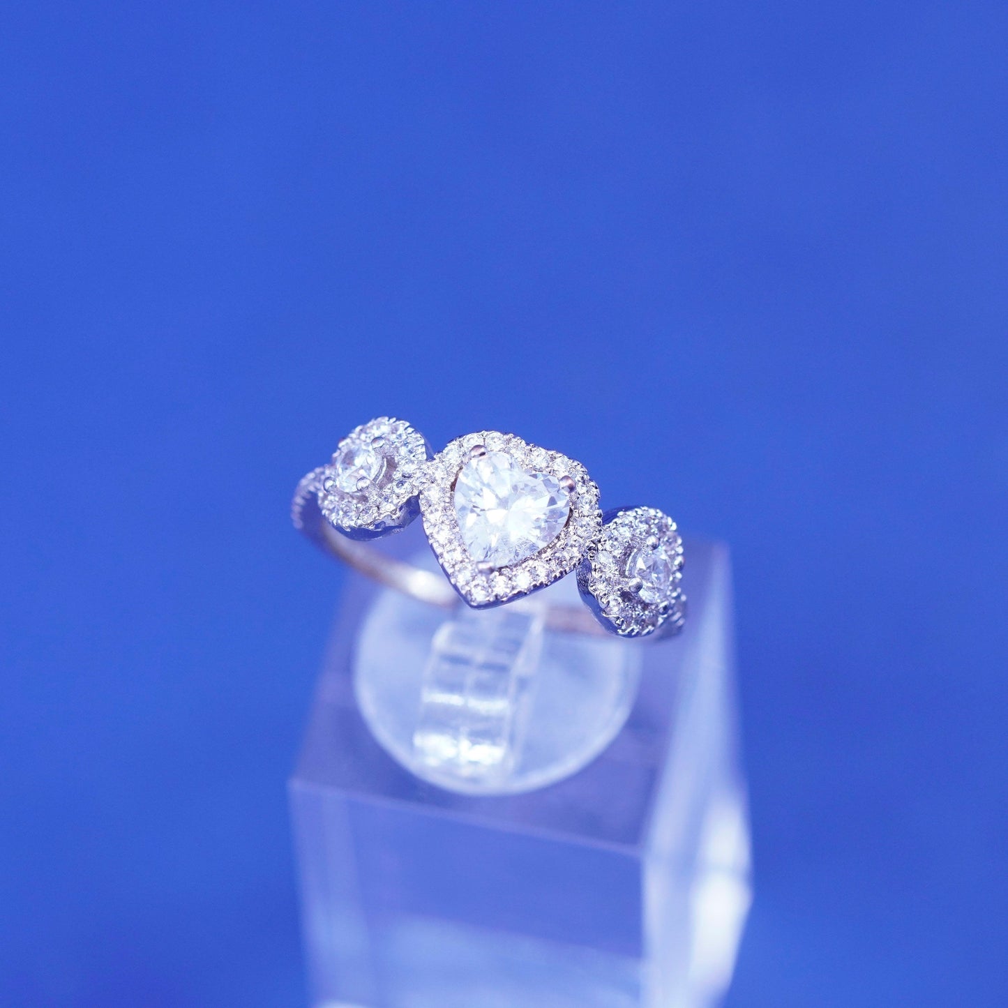 Size 8, vintage Sterling 925 silver engagement ring with heart and cluster Cz