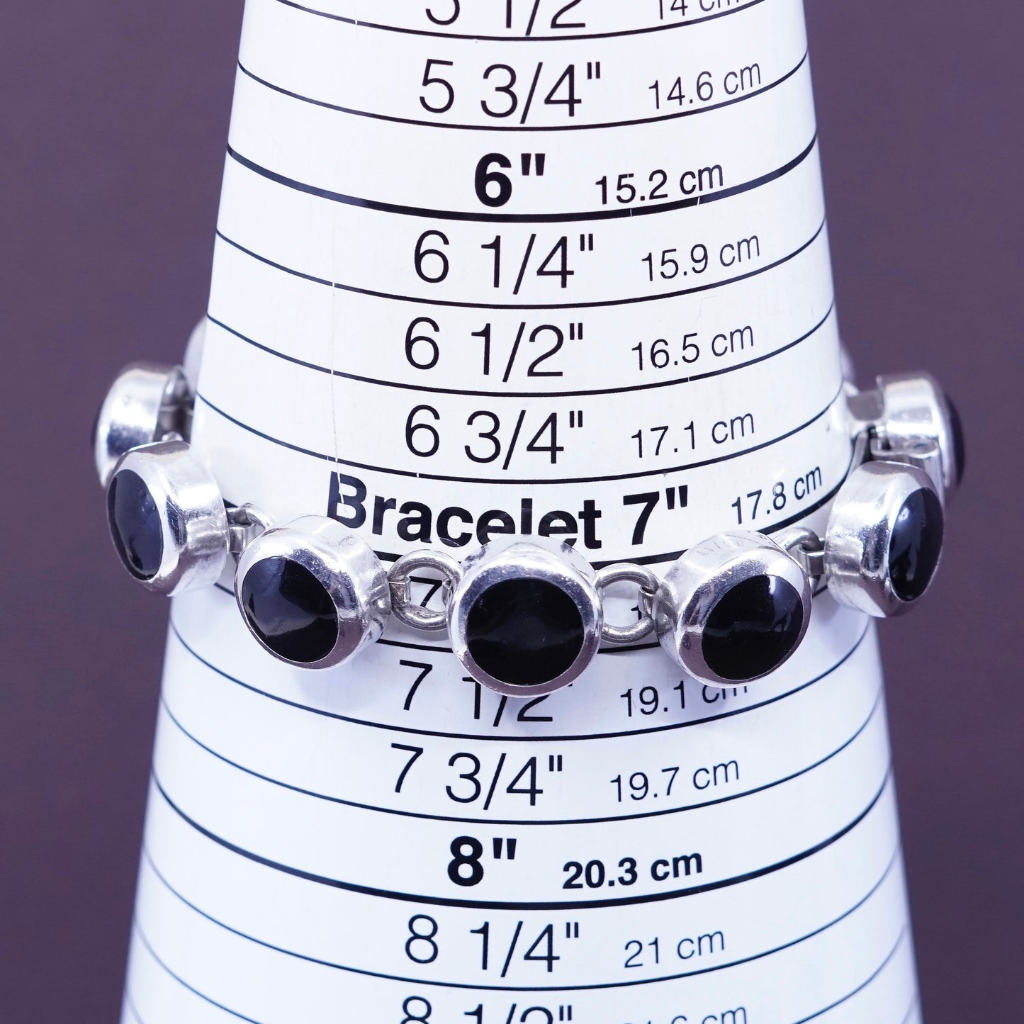 7.25”, vtg Sterling silver handmade bracelet, Mexico 925 with round obsidian