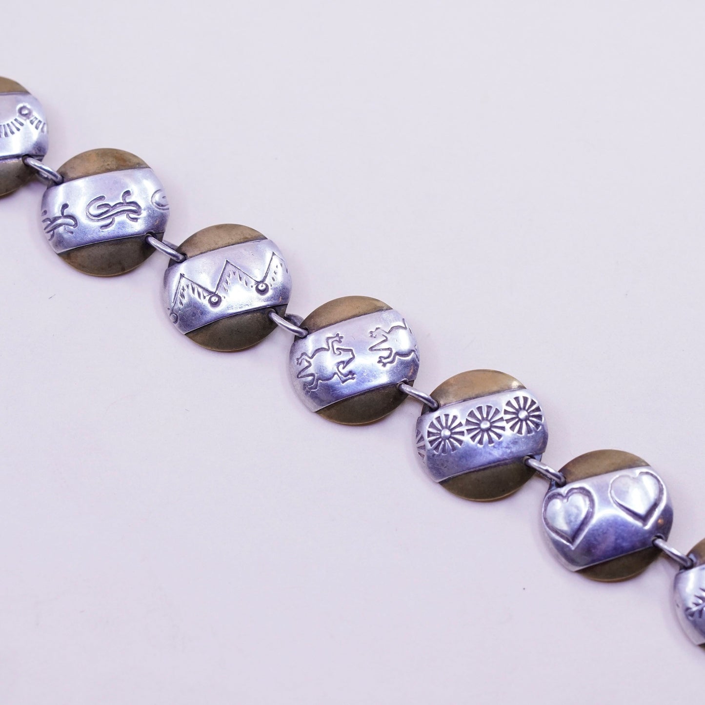6.5”, Native American sterling 925 silver handmade circle disc charm bracelet