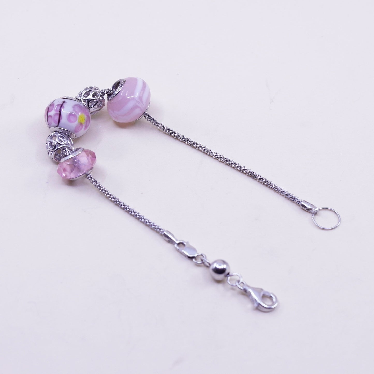 6.75”, 925 Sterling silver popcorn chain bracelet w/ artisan flora glass beads
