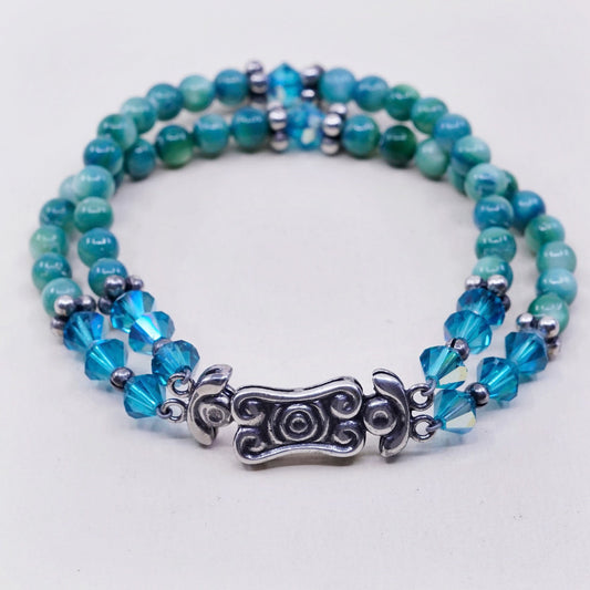 7”, vtg handmade bracelet green blue jade beads w/ 925 Sterling silver clasp