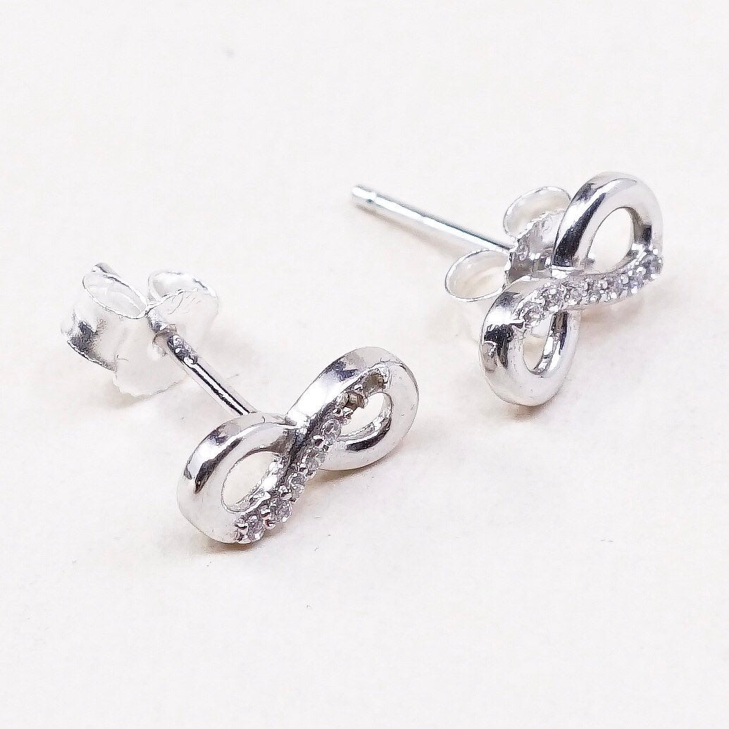 8mm, sterling 925 silver earrings w/ clear crystal infinity symbol studs