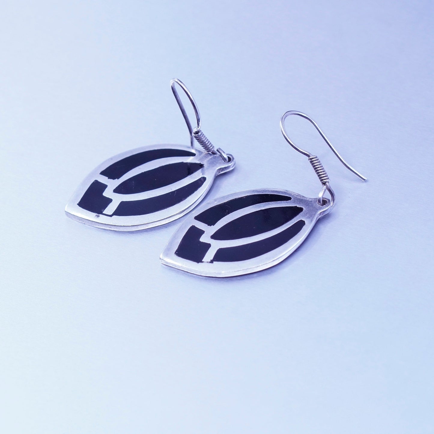 Vintage Mexico Sterling 925 silver triangular earrings with black enamel inlay