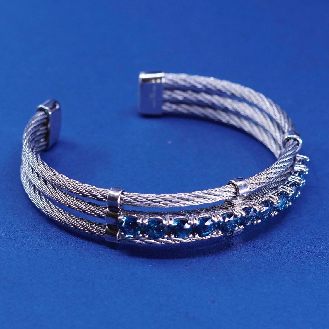 7.5", vtg Sterling silver handmade bracelet, gold over 925 w/ cable N topaz