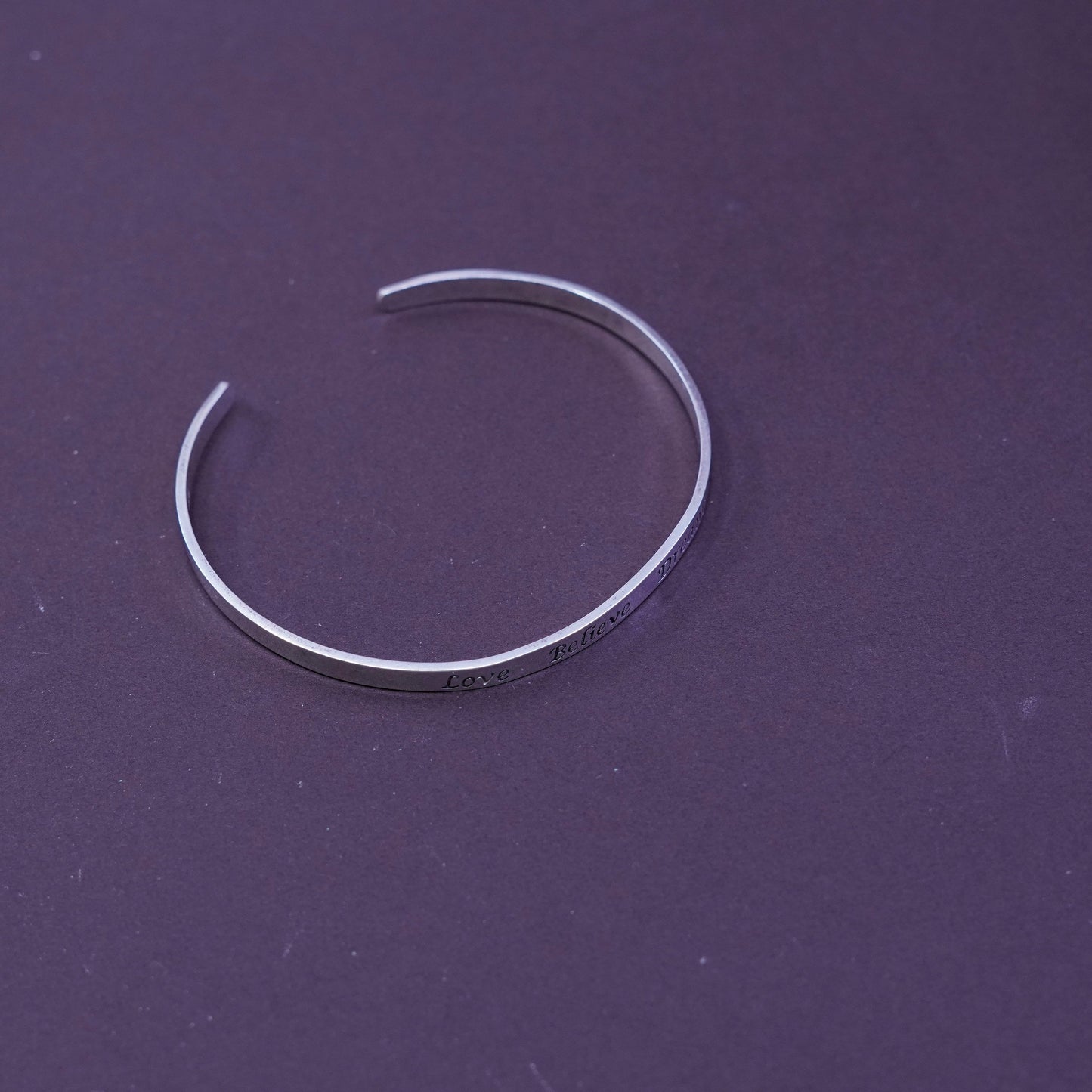 6.75”, Sterling silver prayer bracelet, 925 cuff engraved “love believe dream