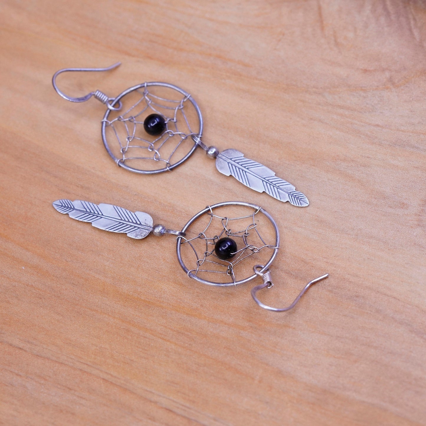 Native American Shawn Cayatineto Sterling 925 silver earrings w/ feather drops