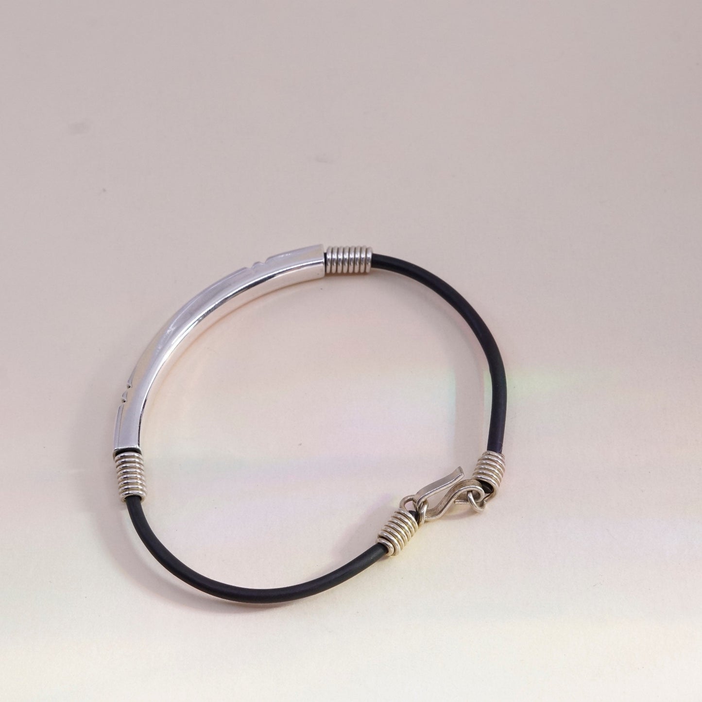 7”, Vintage black rubber chain with sterling 925 silver bar,