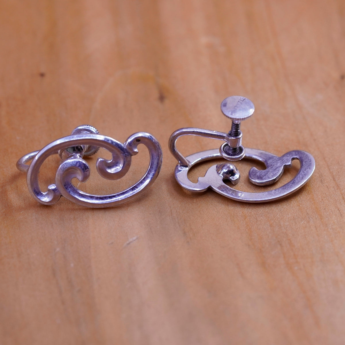 Vintage Sterling silver handmade earrings, 925 swirly screw on earrings