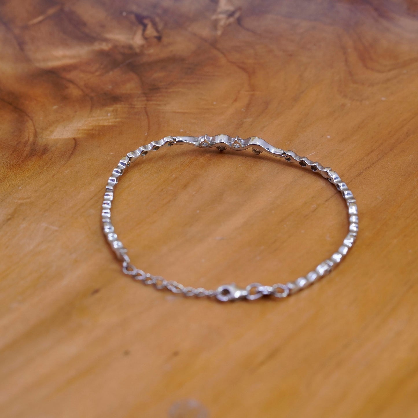 7.5”, vintage Sterling silver handmade tennis bracelet, 925 wavy link with cz