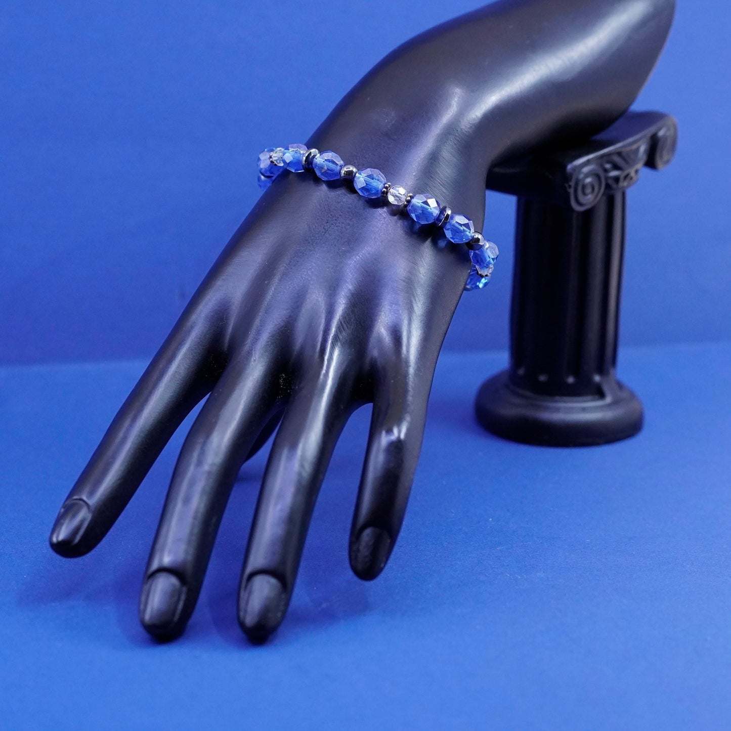 6.75”, sterling silver handmade bracelet, 925 clasp with blue crystal beads