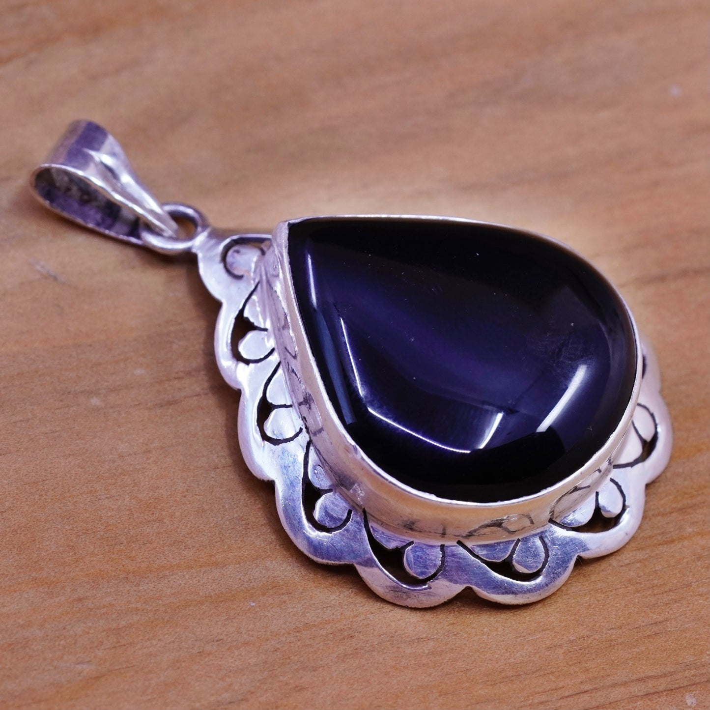 Vintage Sterling 925 silver handmade teardrop pendant with obsidian