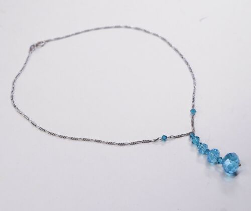 16”, 2mm, Vtg 925 Sterling Silver Figaro necklace W/ Blue Swarovski Pendant