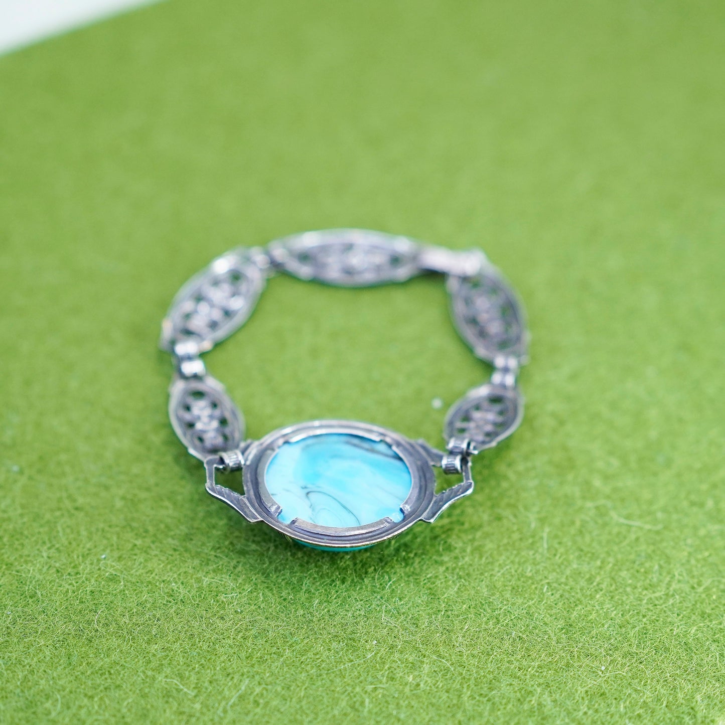 6.25”, Sterling Silver 925 filigree floral chain Bracelet manmade turquoise