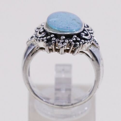 Sz 8, Vtg Sterling Silver Handmade Ring W/ Oval Turquoise N Beads, Stamped 925
