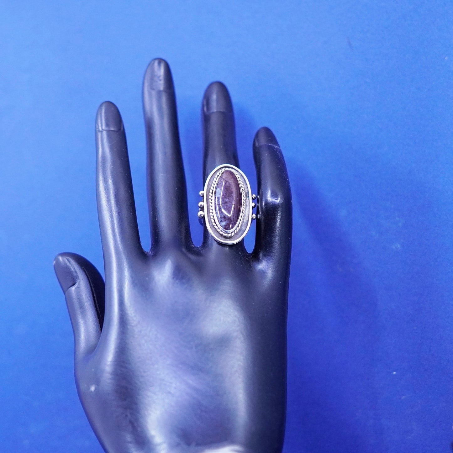 Size 6, vintage Sterling 925 silver handmade ring with agate stone and beads