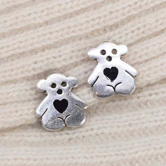 Southwestern sterling silver handmade earrings, 925 bear studs heart enamel