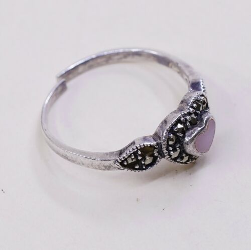 Sz 6.5, Sterling Silver handmade Ring, 925 Silver W/ Pink Mop Heart n marcasite