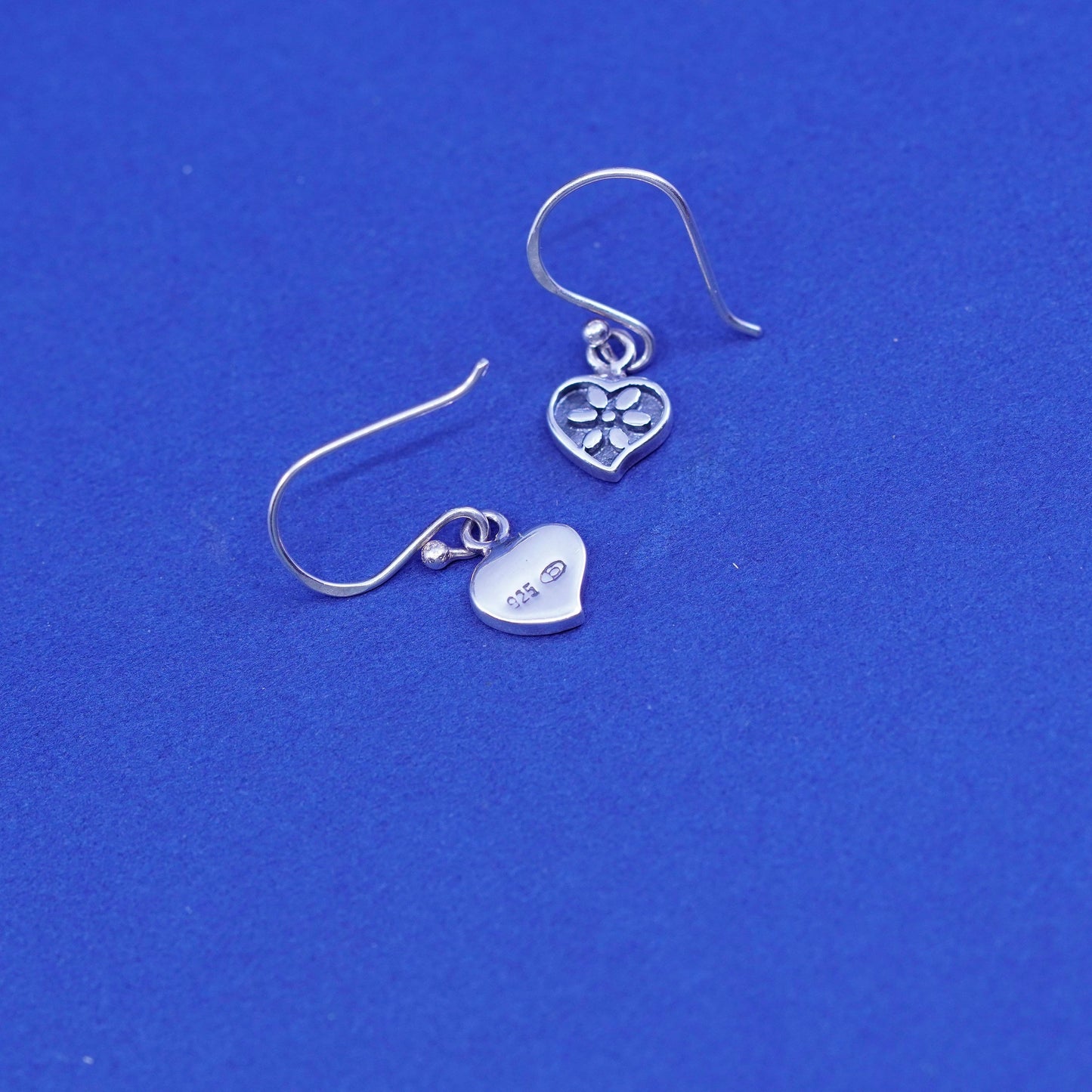 Vintage Sterling silver handmade earrings, 925 heart with flower pattern relief