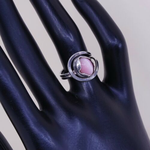 Sz 5.25, Vintage Handmade Sterling Silver Ring W/ Pink Tiger Eye, Stamped 925
