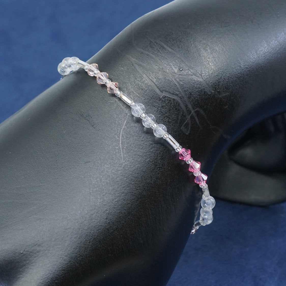 7”, sterling silver handmade bracelet, 925 circle chain w/ pink crystal beads