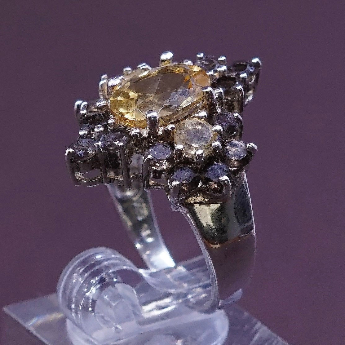 sz 7.75, vtg Sterling silver handmade statement ring, 925 w/ cluster citrine