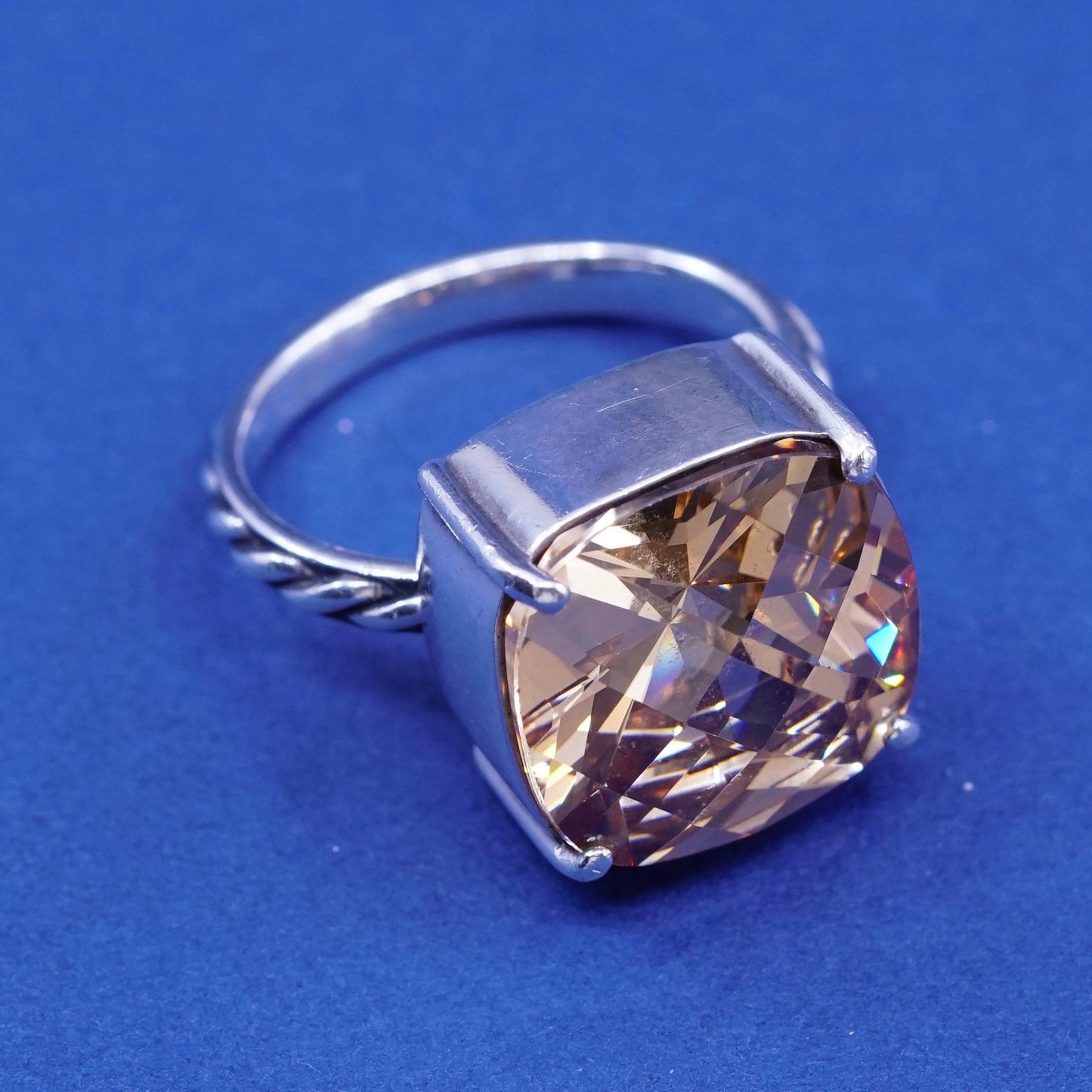 sz 7.75 vtg Sterling silver ring, 925 with cushion cut citrine N clear crystal