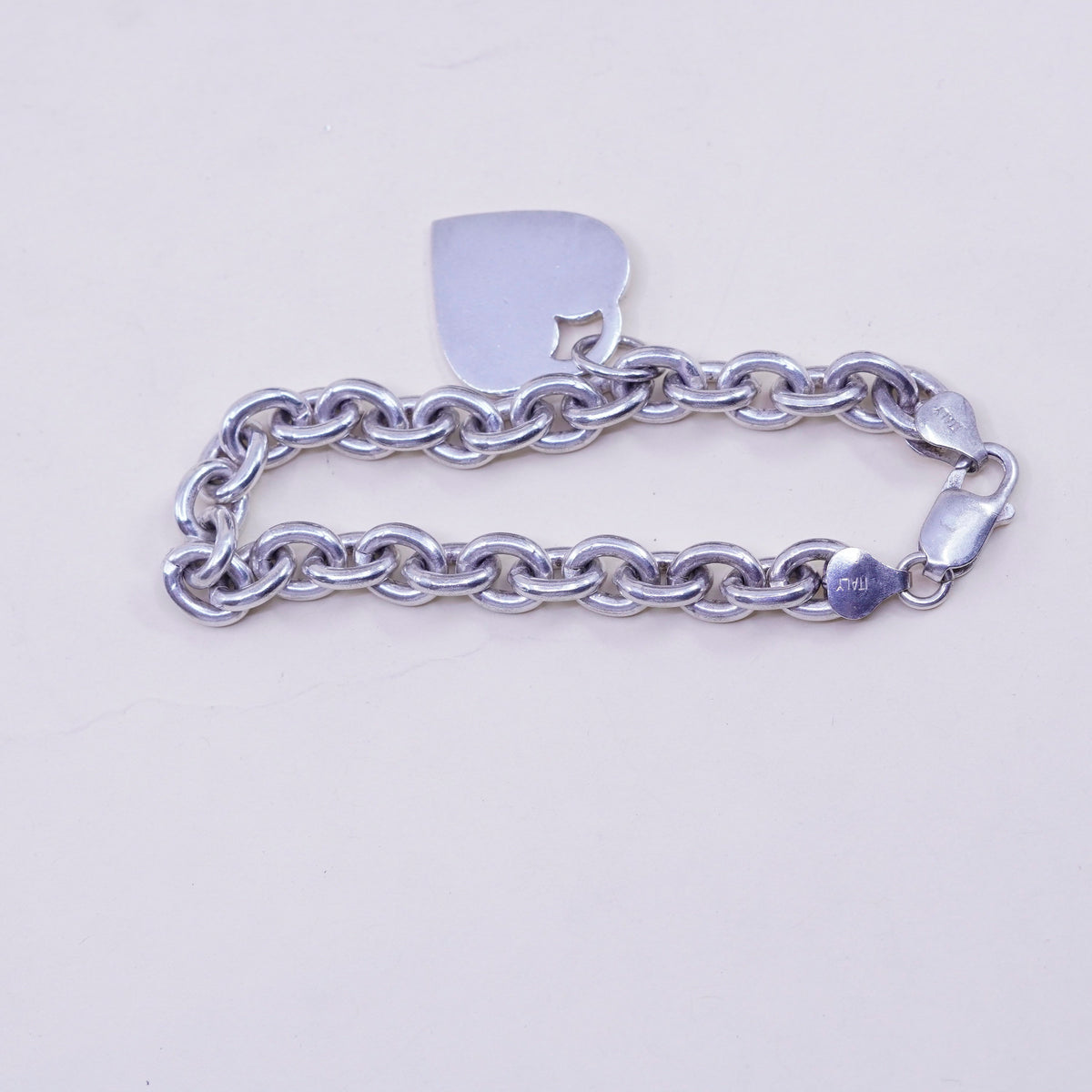 6.75”, Vintage sterling silver circle link bracelet, 925 chain with heart charm