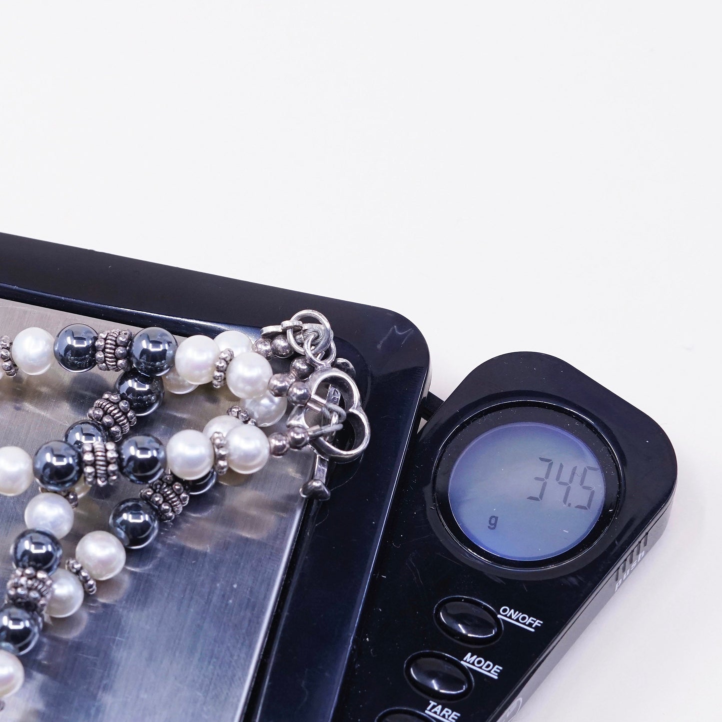 7.5”, MB sterling 926 silver bracelet, monogram hematite pearl chain “molly Lia
