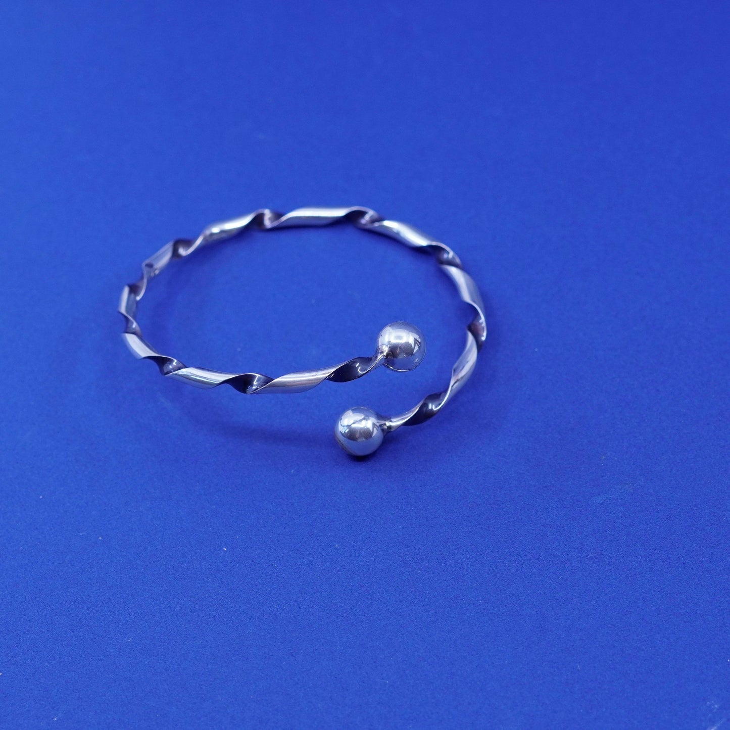 7.5”, sterling silver bracelet, 925 twisted cable wrap cuff with beads end