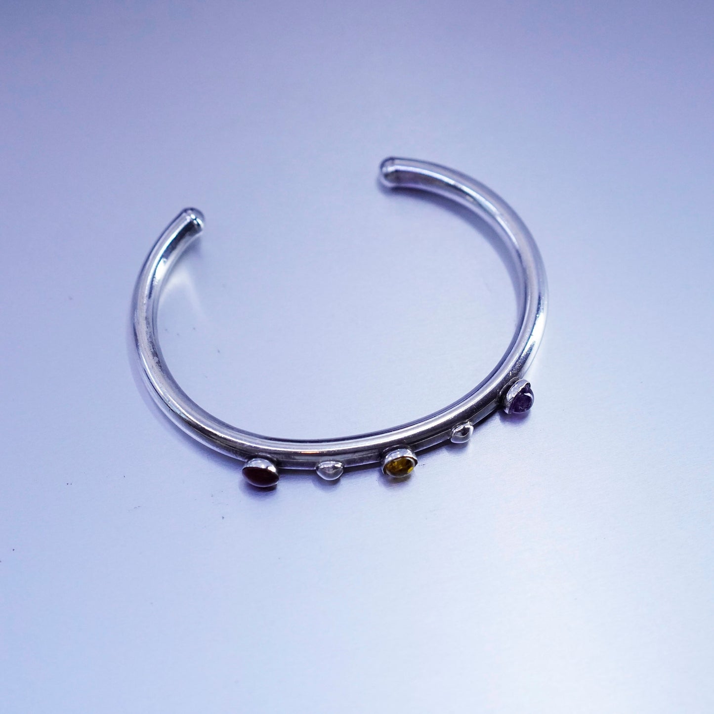 7”, Sterling 925 silver handmade bracelet, cuff amber carnelian amethyst beads