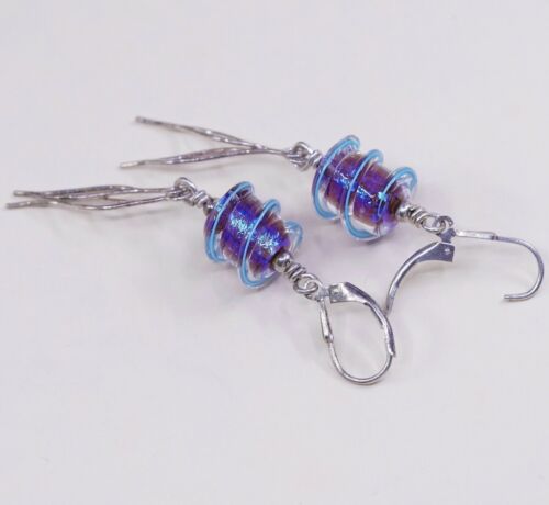 Vintage simple handmade Sterling 925 Silver Earrings w/ Blue Foiled Glass