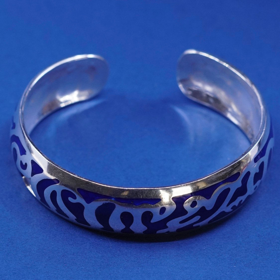 7", vtg Sterling silver handmade bracelet, 925 cuff w/ blue enamel