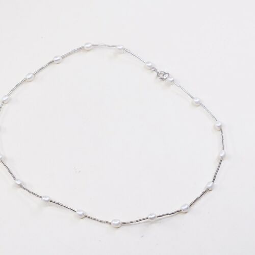 16”, Vtg Sterling silver handmade necklace, 925 Liquid Silver W/ Pearl Beads