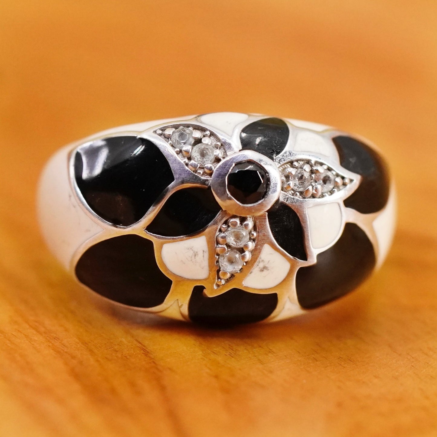 Size 7, vintage sterling 925 silver handmade cocktail band ring black enamel cz