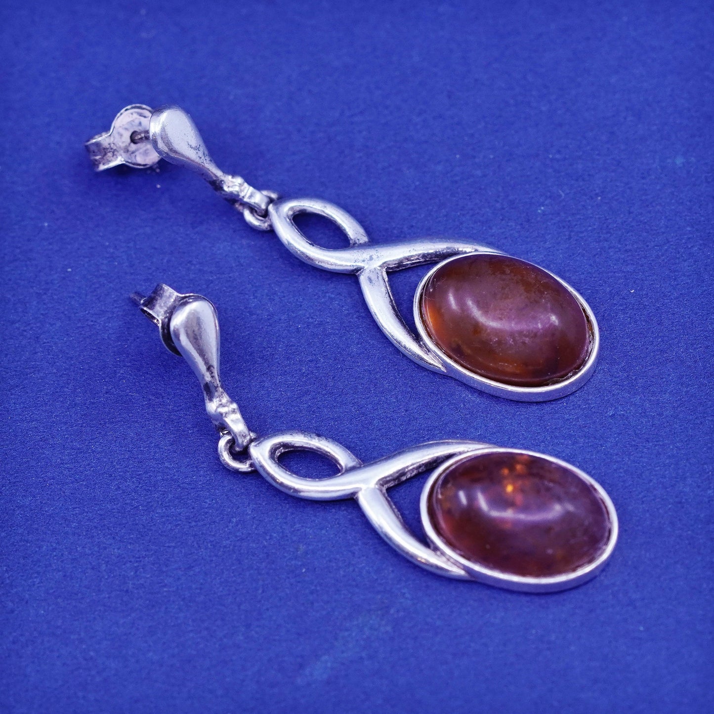 Vintage sterling 925 silver handmade earrings with oval amber